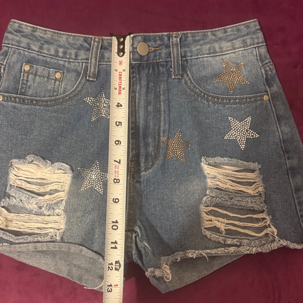 Denim Star-Embellished Women's Shorts Blue Jean Distressed Higheise Cutoff Small - Picture 10 of 11
